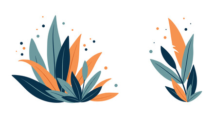 Obraz premium Abstract tropical leaves and scattered dots in a stylized flat design.