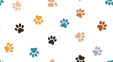 Fototapeta premium A seamless pattern of colorful paw prints on a white background.