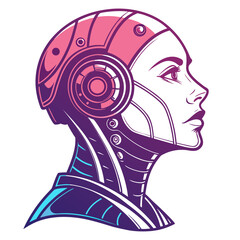 Stylized illustration of a female cyborg head in profile
