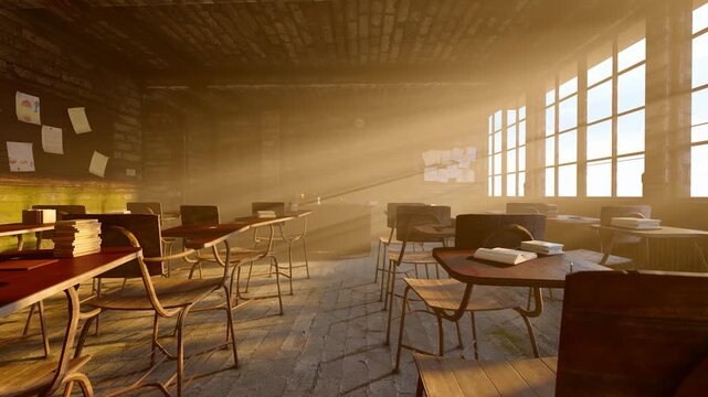 Sunlight shines through the window into the empty old classroom(produced by Lumion,not AI-generated)