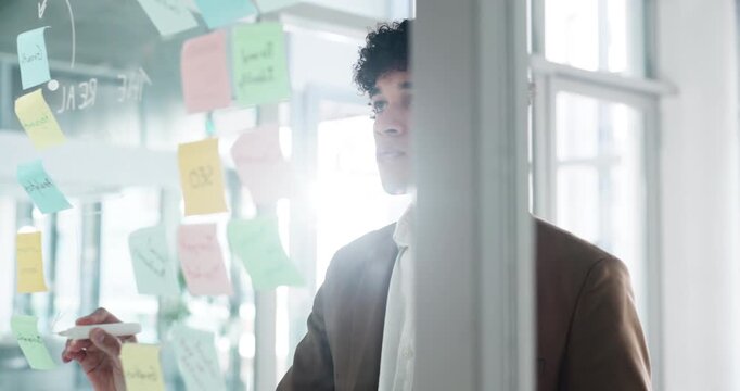 Businessman, writing and mindmap with schedule for planning tasks or agenda in office. Creative, man or employee with glass board or sticky note for brainstorming ideas, project KPI or strategy