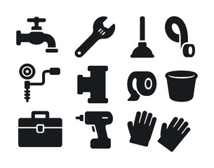 Obraz premium Vector Plumbing tools icons set: wrench, tape, plunger, faucet, drill, gloves