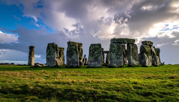 Prehistoric monument under a dramatic cloudy sky
