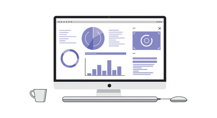 Modern computer desktop displaying business analytics dashboards charts graphs and data visualization