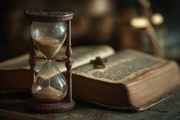Bible Clock. Vintage Hourglass with Final Time Concept in Christianity