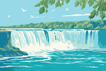 A beautiful illustration depicts a majestic waterfall and clear blue sky © MAYENUDDIN