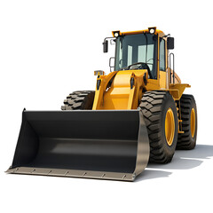 Fototapeta premium A bright yellow heavy duty front end loader construction vehicle with a large bucket and tires isolated on transparent background