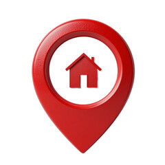3D red location pin symbol with house icon representing home address, navigation, or real estate concept