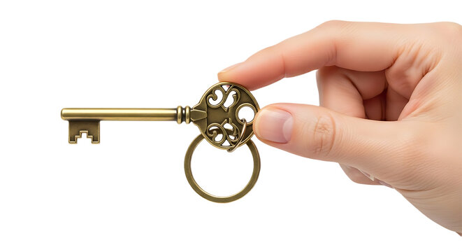 Hand Presenting a Decorative Antique Brass Key with a Key Ring