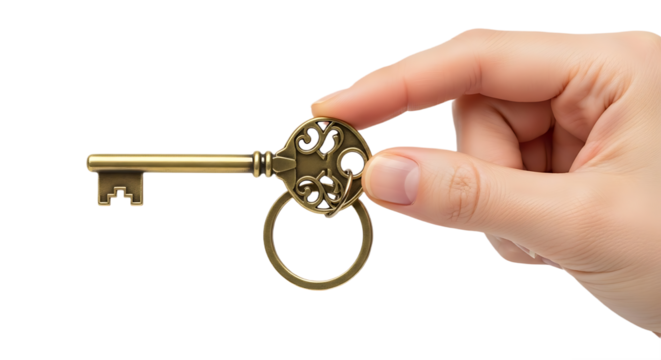 Hand Presenting a Decorative Antique Brass Key with a Key Ring