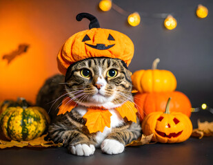 A cute tabby cat wearing a pumpkin hat and autumn leaf collar surrounded by jack-o'-lanterns and fall decorations. Perfect for Halloween and seasonal holiday designs.