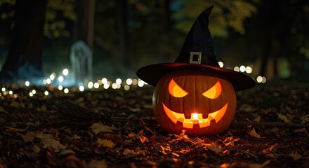 A carved pumpkin, adorned with a witch's hat, glows warmly in a mystical outdoor setting at night.
