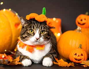 A cute tabby cat wearing a pumpkin hat and autumn leaf collar surrounded lanterns and fall decorations. Perfect for seasonal holiday designs.