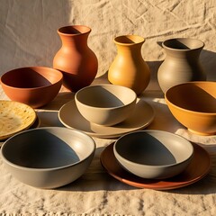 Handcrafted ceramic vases and bowls in warm earthy tones create a cozy, artistic ambiance perfect for home decor and lifestyle brands seeking natural elegance