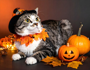 A cute tabby cat wearing a pumpkin hat and autumn leaf collar surrounded by jack-o'-lanterns and fall decorations. Perfect for Halloween and seasonal holiday designs.