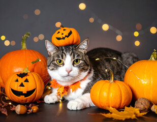 A cute tabby cat wearing a pumpkin hat and autumn leaf collar surrounded by jack-o'-lanterns and fall decorations. Perfect for Halloween and seasonal holiday designs.