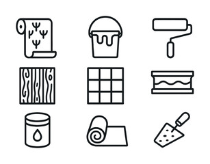 Vector Home renovation tools: paint roller, wallpaper, tiles, flooring, bucket