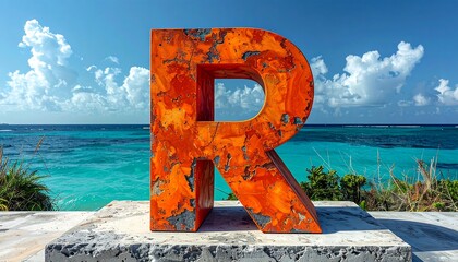 Rusty orange letter "R" against a stunning coastal backdrop