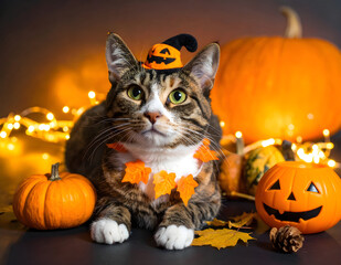 A cute tabby cat wearing a pumpkin hat and autumn leaf collar surrounded lanterns and fall decorations. Perfect for seasonal holiday designs.
