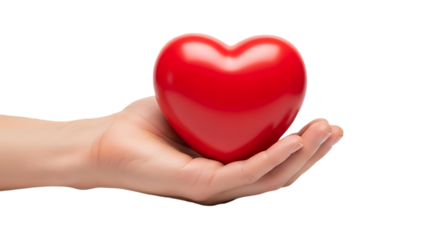 Human Hand Gently Holding a Glossy Red Heart Symbol on White Background