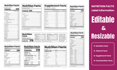 nutrition facts label, supplement facts, vitamin facts, nutrition fact vector illustration for information label.