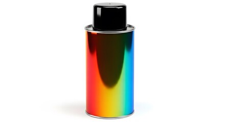 A colorful metallic can with a black lid stands upright against a plain white background, reflecting a rainbow gradient.