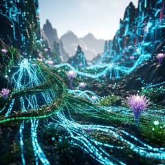 Vibrant futuristic landscape with glowing flora and circuit-like vines, an otherworldly vista perfect for science fiction and technology themes