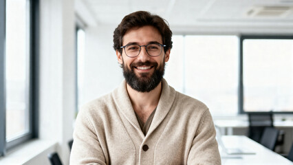 Smiling man with beard in office