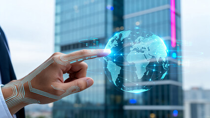 Hand interacting with digital globe