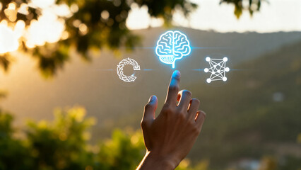 Hand interacting with digital brain icons