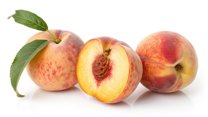 Three ripe peaches with a half isolated on white background, a delicious and healthy fruit for a balanced diet and lifestyle