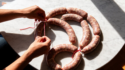 Person tying sausages on a marble surface