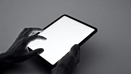 Hands using tablet on gray background