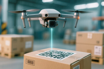 Drone scanning QR code warehouse parcel logistics inventory delivery automation barcode technology supply chain efficiency with calm focus