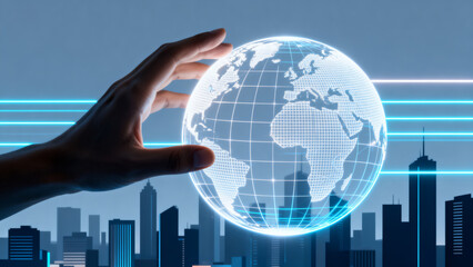 Hand holding digital globe with city skyline