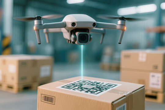 Drone scanning QR code warehouse parcel logistics inventory delivery automation barcode technology supply chain efficiency with calm focus