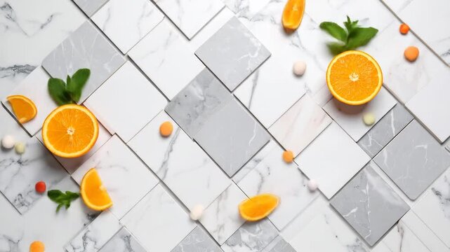 Fresh citrus slices and mint leaves on a white and gray marble tile pattern