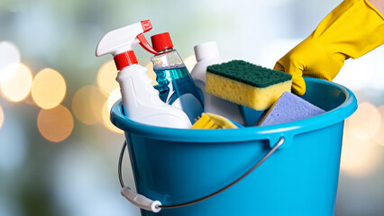 Cleaning supplies in bucket with gloved hand