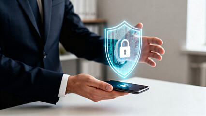 Businessman with digital security shield