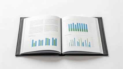 Open book displaying graphs and data analysis on pages.