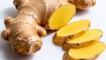 Fresh ginger root and slices