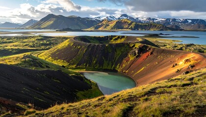 Scenic landscape of a volcanic crater lake with mountains and clouds