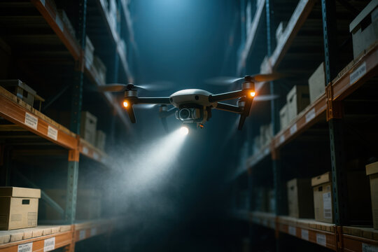 Surveillance drone warehouse shadows spotlight aisles storage boxes security night industrial moody tension patrol scene with focused beam