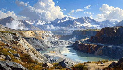Scenic landscape of an open-pit mine with mountains and a serene lake view