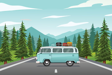 A light blue vintage camper van driving on a mountain road