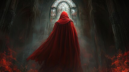 Obraz premium A solitary figure in a flowing red cloak stands before a luminous stained-glass window in a dark, ancient cathedral, amidst an ominous glow.