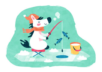 ワカサギ釣りをする馬 午年の冬の水彩イラスト