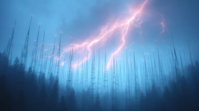 Dramatic panoramic view of lightning bolt in dark swirling storm sky. abstract power of nature over rooftop array of lightning rods