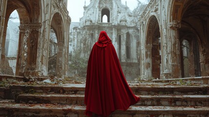 Mysterious Red-Cloaked Figure Standing on Crumbling Steps of a Grand Abandoned Gothic Cathedral Ruin on a Misty Overcast Day