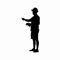 Silhouette of an engineer using a drone for building inspection isolated on white background